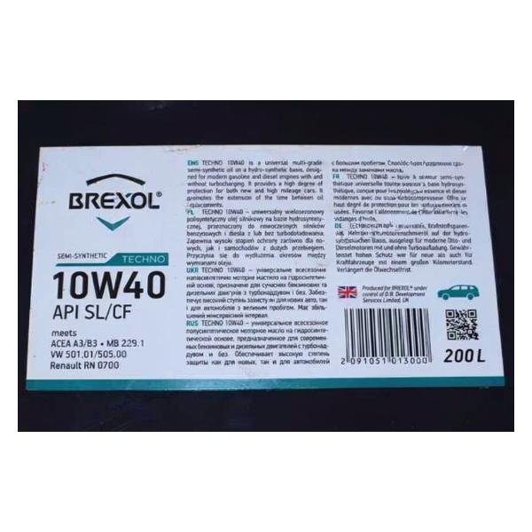 Зображення товару Масло моторн. BREXOL TECHNO 10W40 SL/CF (Бочка 200л) (BREXOL)